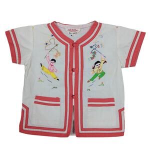 Vintage Chinese Kimono Plum Blossoms Size 2 Pajama Shirt Top White and Red